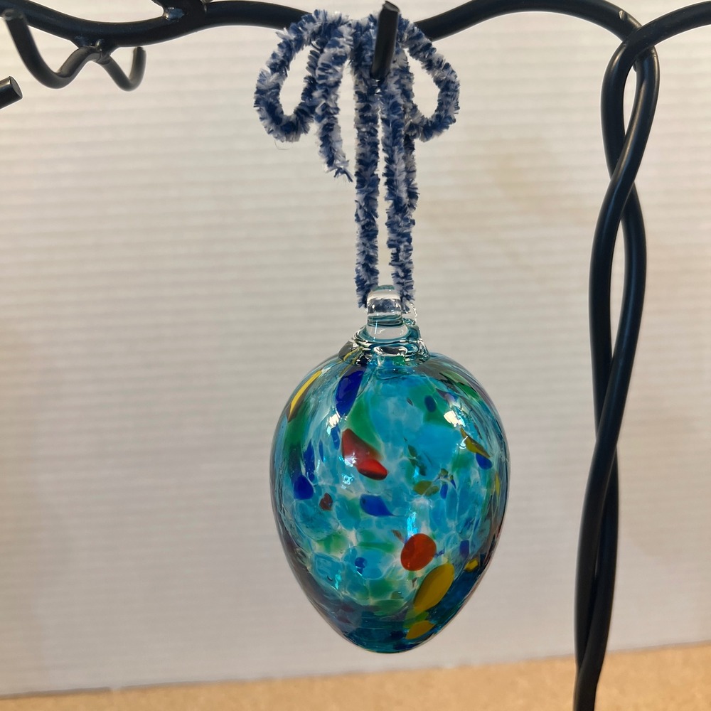 Hand Blown Glass Egg Ornament Multi Color Confetti Suncatcher Turquoise Blue 4"
